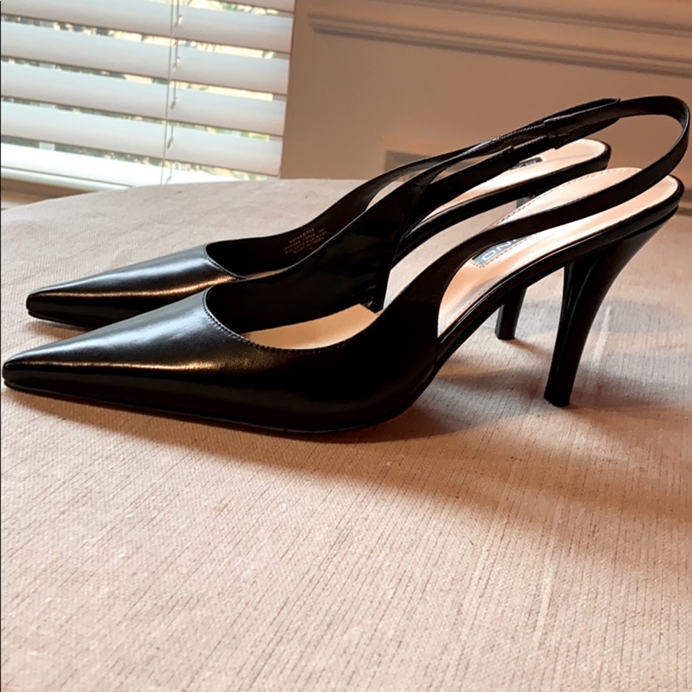All black sling back 3.5 inch heels